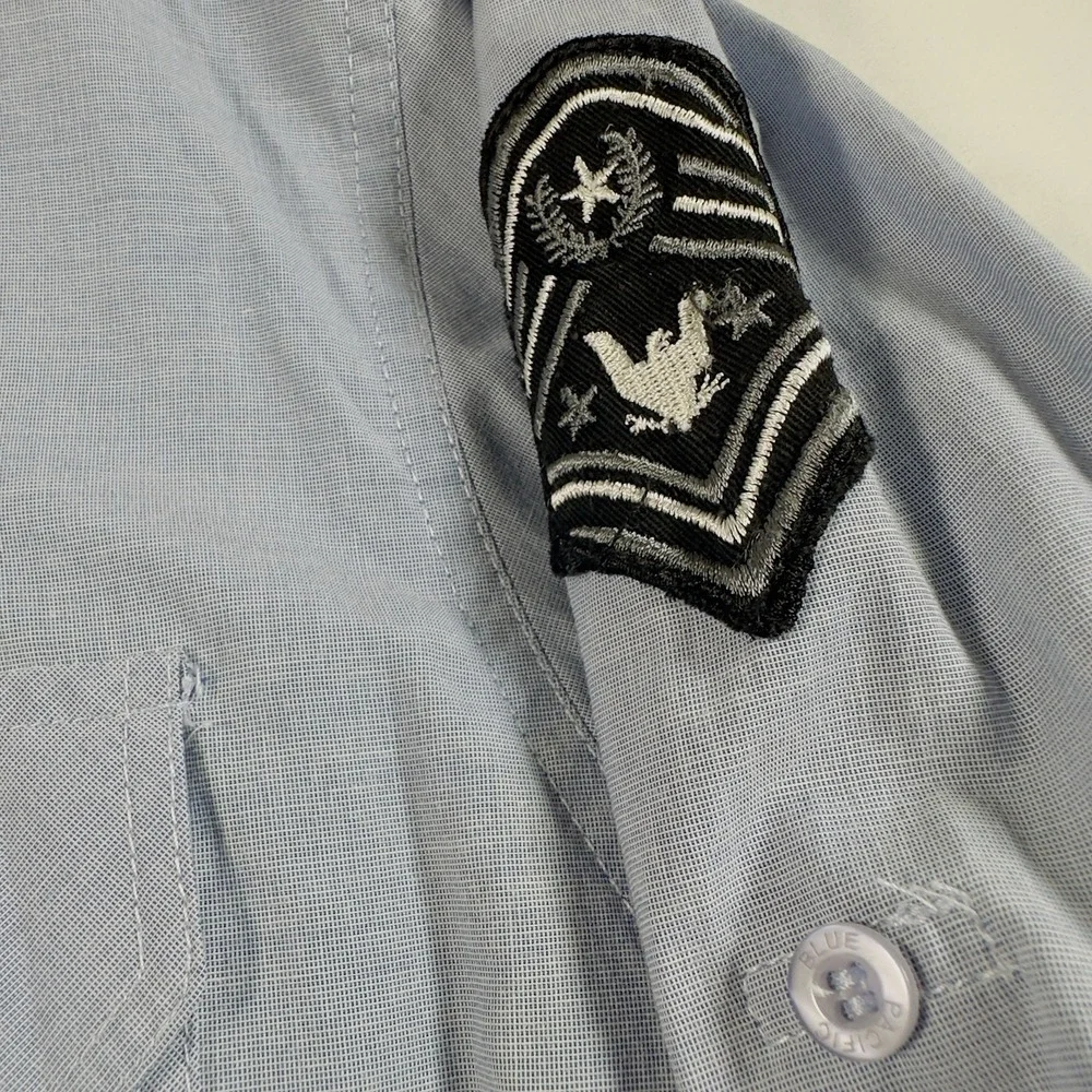 Pacific Blue Shirt Men 2XL Button Up Blue Military Tactical Patches Long Sleeve